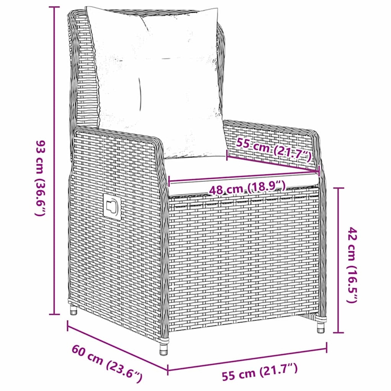 vidaXL Gartenstuhl, Teil der 7-tlg. Essgruppe, schwarzes Poly Rattan, mit Maßangaben.