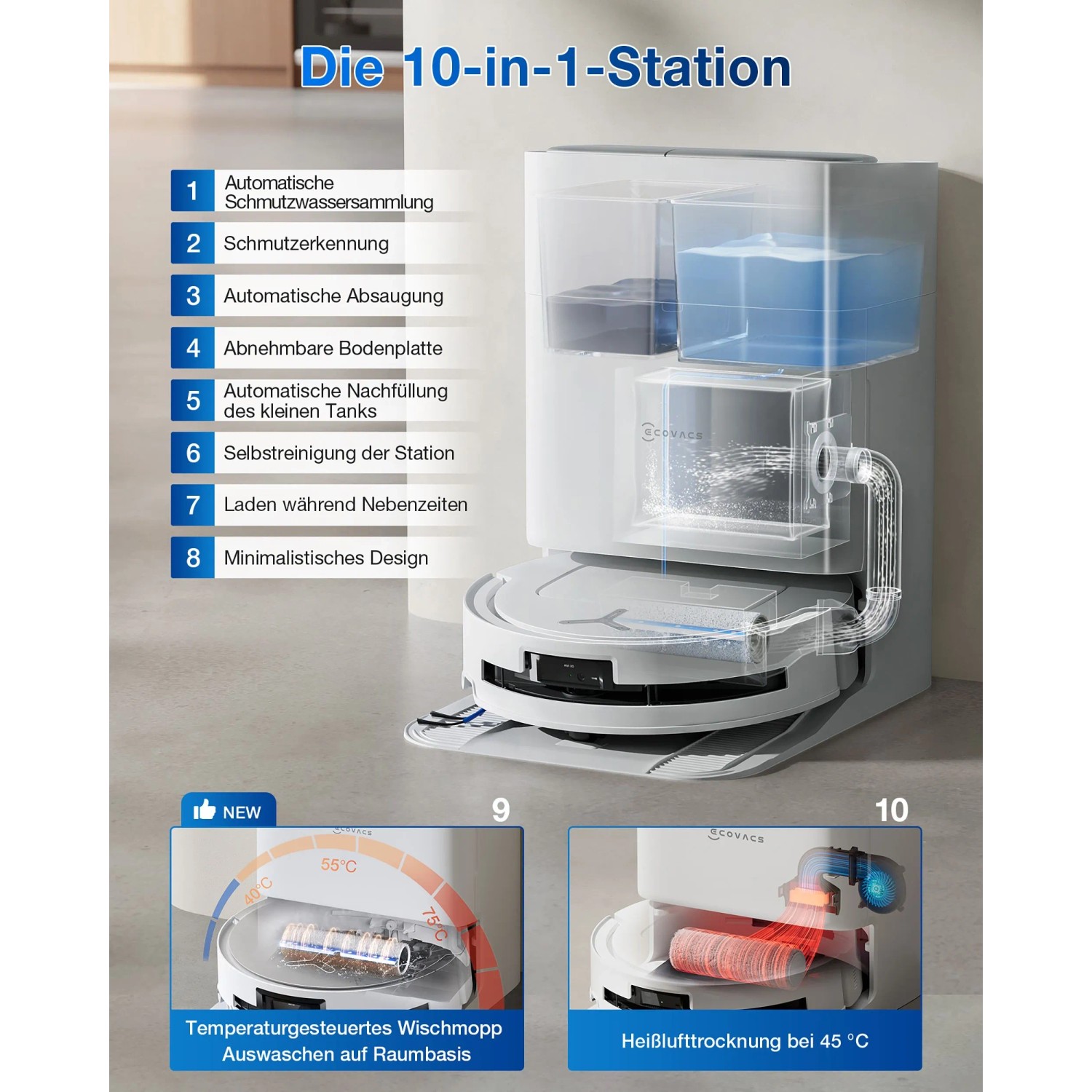 Ecovacs Deebot T80 Omni Saugroboter mit Reinigungsstation, Selbstreinigung und Heißlufttrocknung.