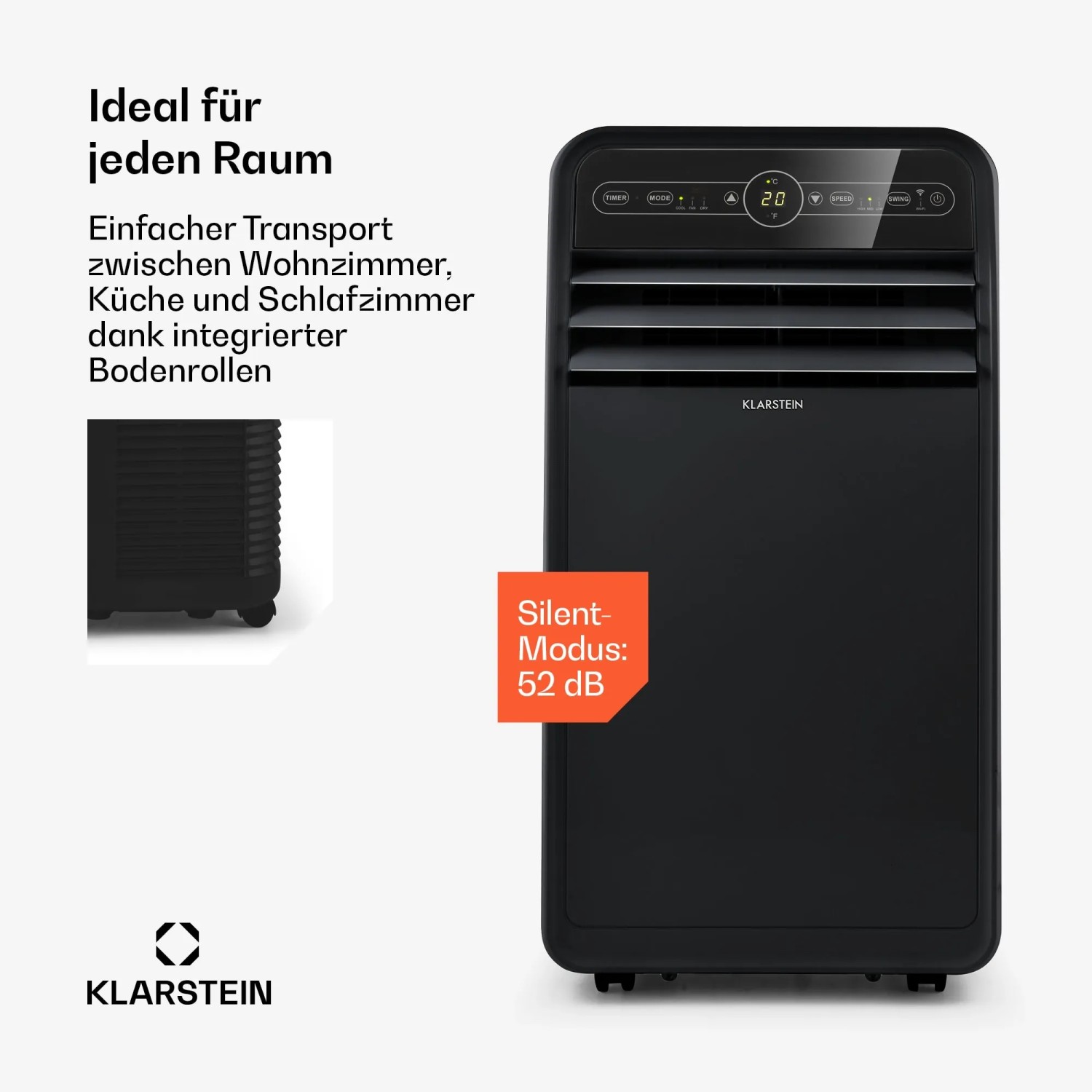 Schwarze, mobile Klarstein Klimaanlage Metrobreeze New York Smart 12k mit Rollen und digitalem Display.