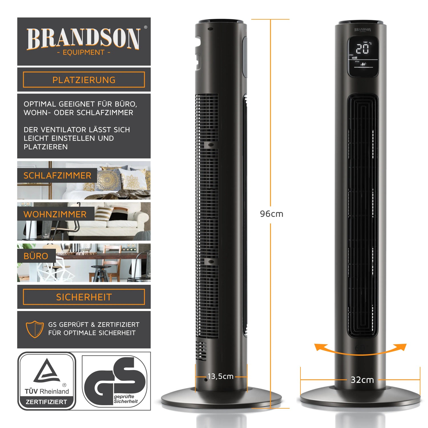 Brandson Turmventilator, 96cm, oszillierend, 3 Geschwindigkeiten, aschgrau. Mobiler Ventilator für Büro, Wohn- oder Schlafzimmer.