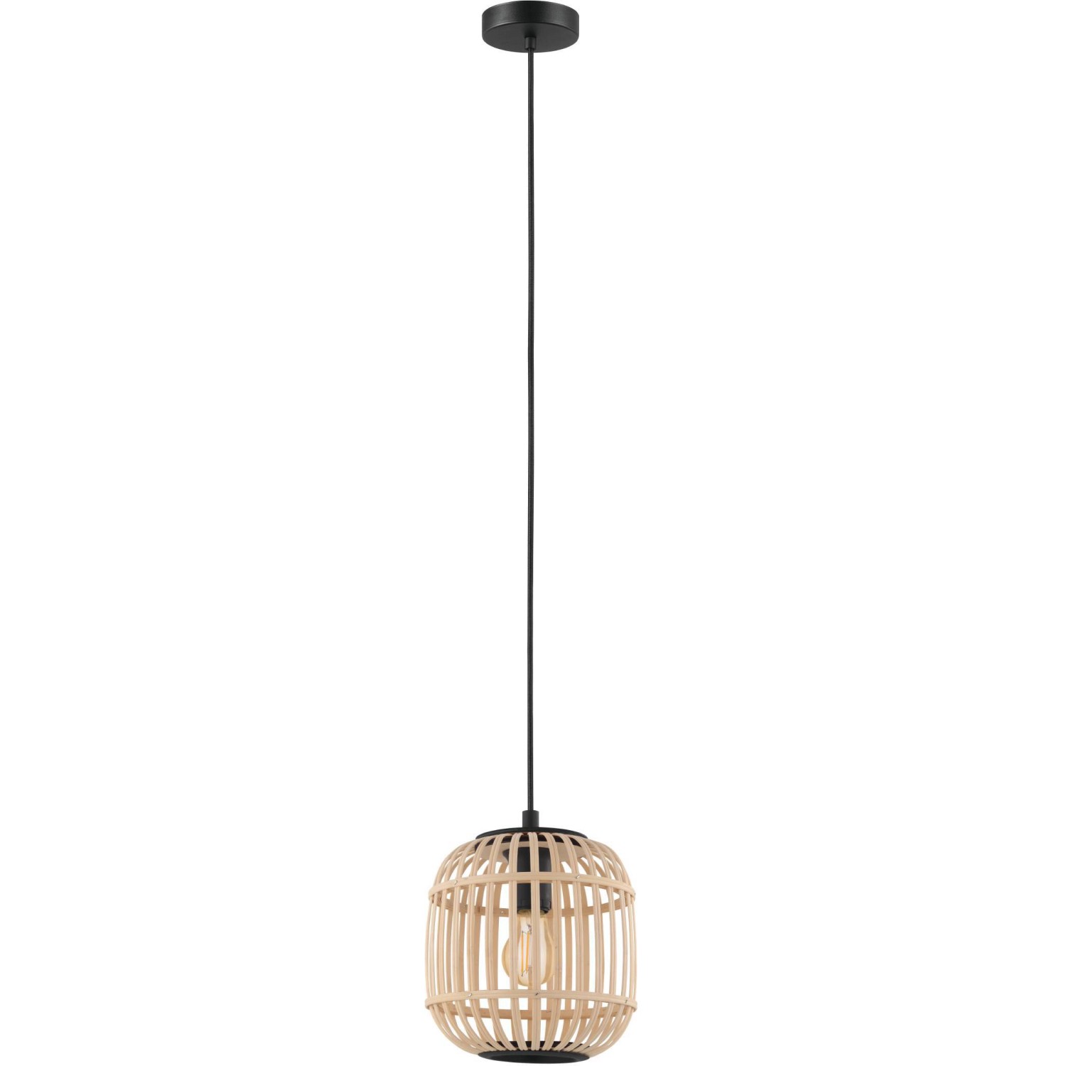 Moderne Eglo Hängeleuchte Bordesley mit Bambusschirm in Natur und schwarzer Aufhängung.