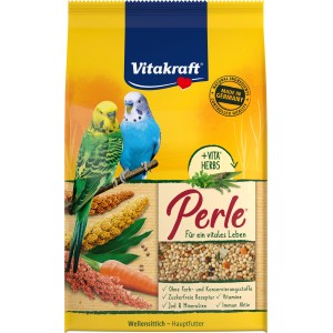 Vitakraft Sittich Perle Futter, 500g Packung mit Wellensittichen, Saaten und Gemüse.