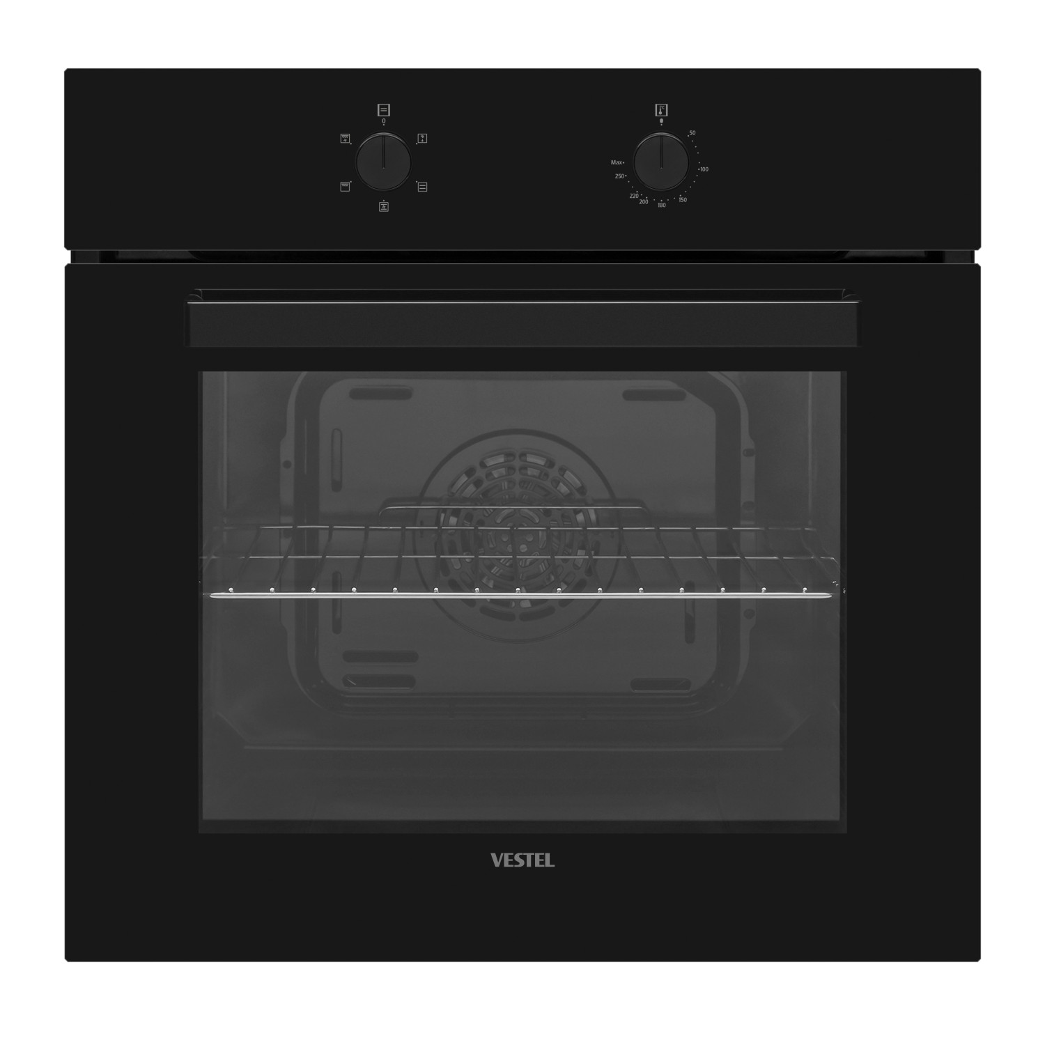 Schwarzer Einbau-Backofen von Vestel für Impuls Küchenzeile mit Grillrost und Bedienknöpfen.