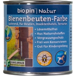 Dunkelbraune Biopin Bienenbeutenfarbe im Farbdose für Holz, lösemittelfrei und bienenfreundlich.