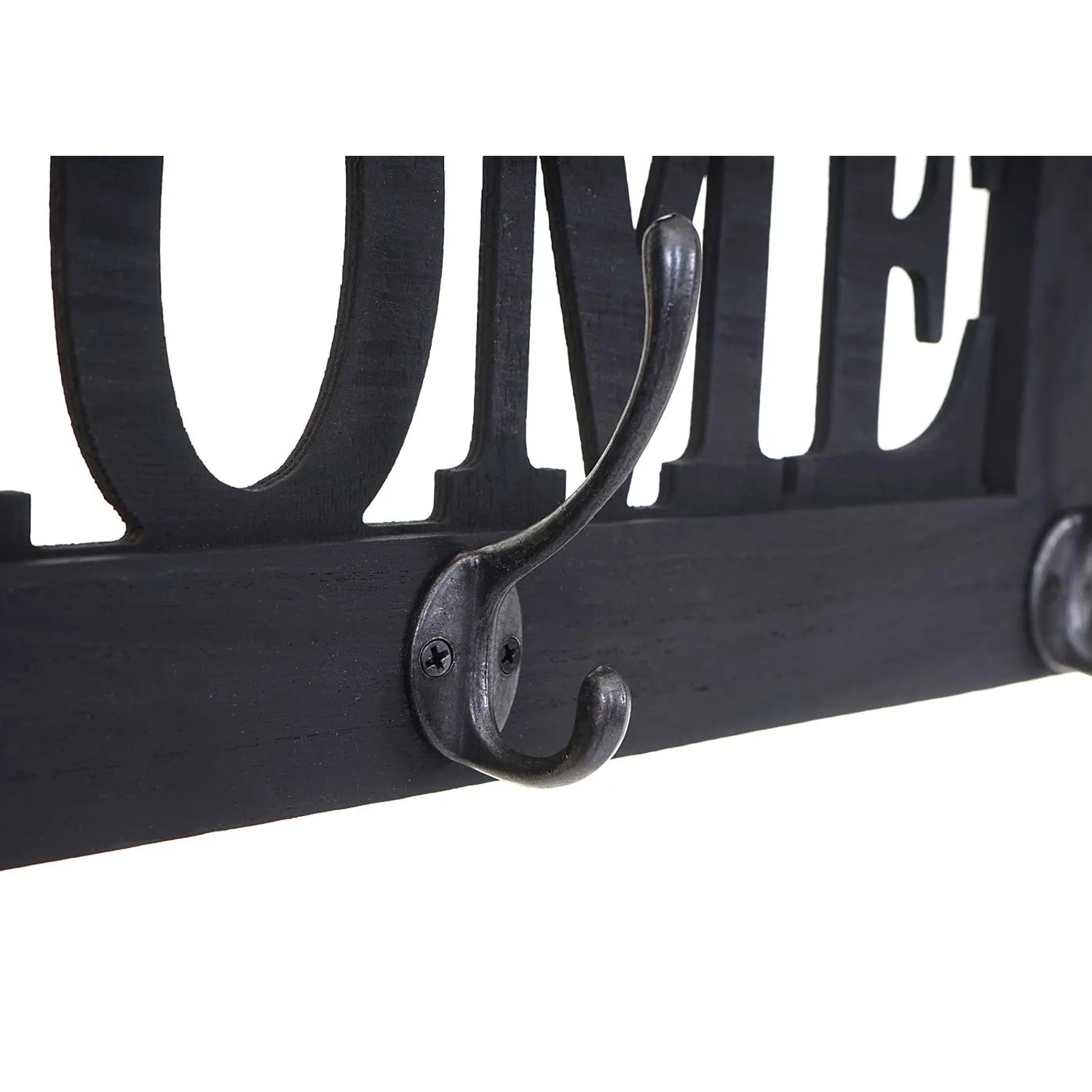 Dunkelgraue MCW Wandgarderobe im Shabby-Look mit HOME Schriftzug und drei Doppelhaken.
