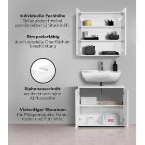 Mokebo Badmöbel Set „Der Steuermann“: Weißes Badezimmer-Set mit Waschbecken, Unterschrank und Spiegelschrank.
