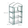 Grünes Balkongewächshaus aus Stahl mit transparenter PVC-Folie, 3 Etagen und aufrollbarer Tür. Maße 122x64x45 cm.