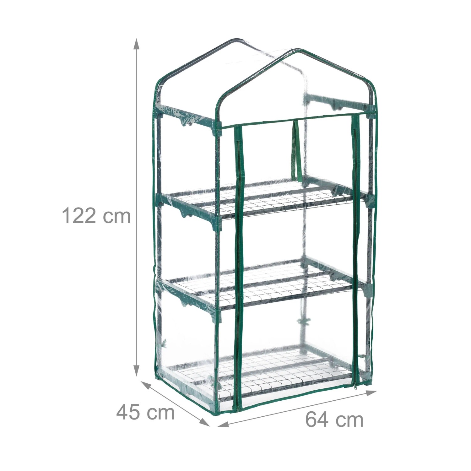 Grünes Balkongewächshaus aus Stahl mit transparenter PVC-Folie, 3 Etagen und aufrollbarer Tür. Maße 122x64x45 cm.