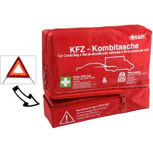 Kalff Kfz-Kombitasche mit Erste-Hilfe-Set, Warndreieck und Warnweste für die Pannenhilfe.