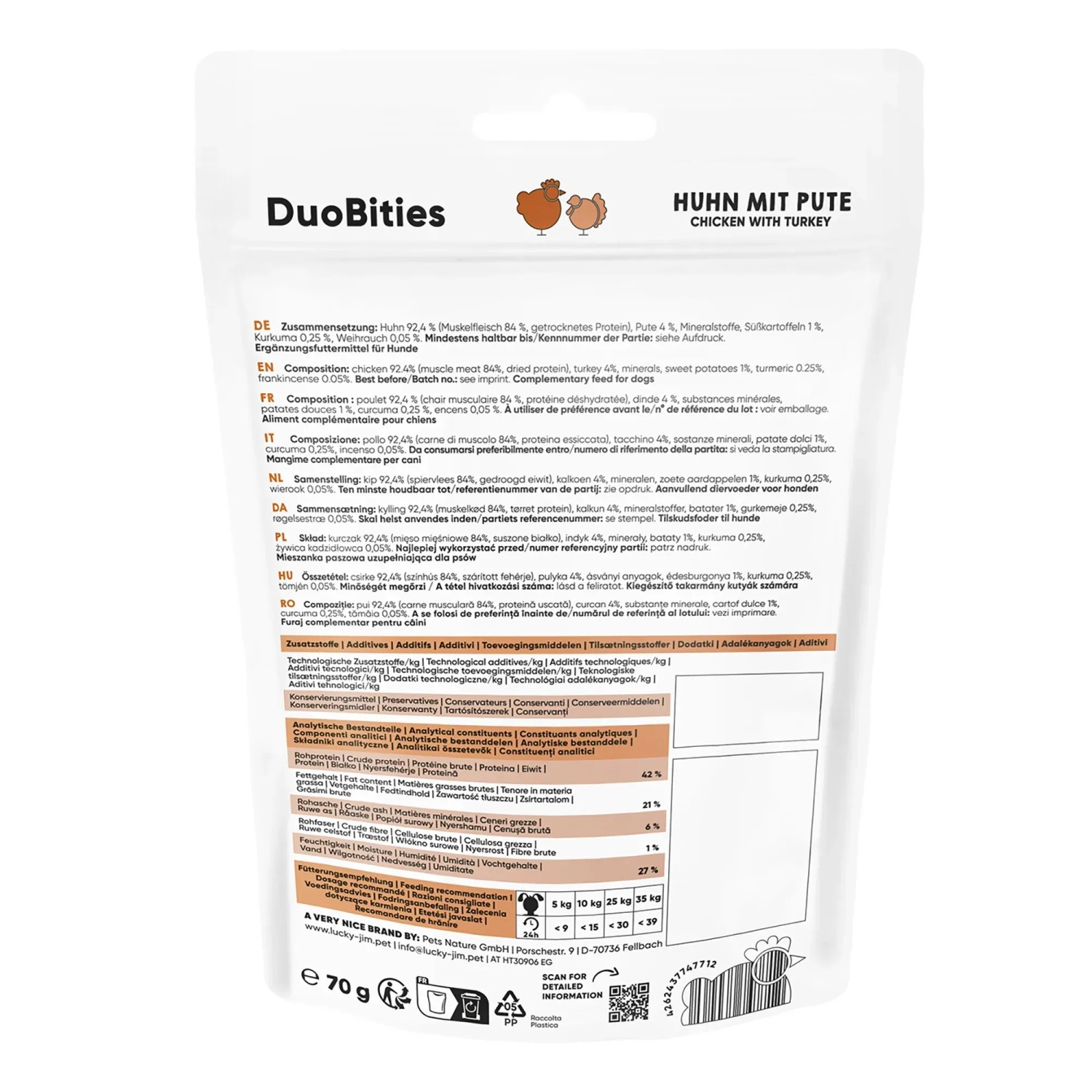 Lucky Jim Hunde-Belohnungssnacks DuoBities Huhn & Pute, 70g Packung.
