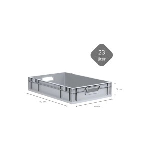 Graue PROREGAL Eurobox 23L mit Griffen, Scharnierdeckel und blauen Verschlüssen. Aufbewahrungsbox für Industrie und Gewerbe.