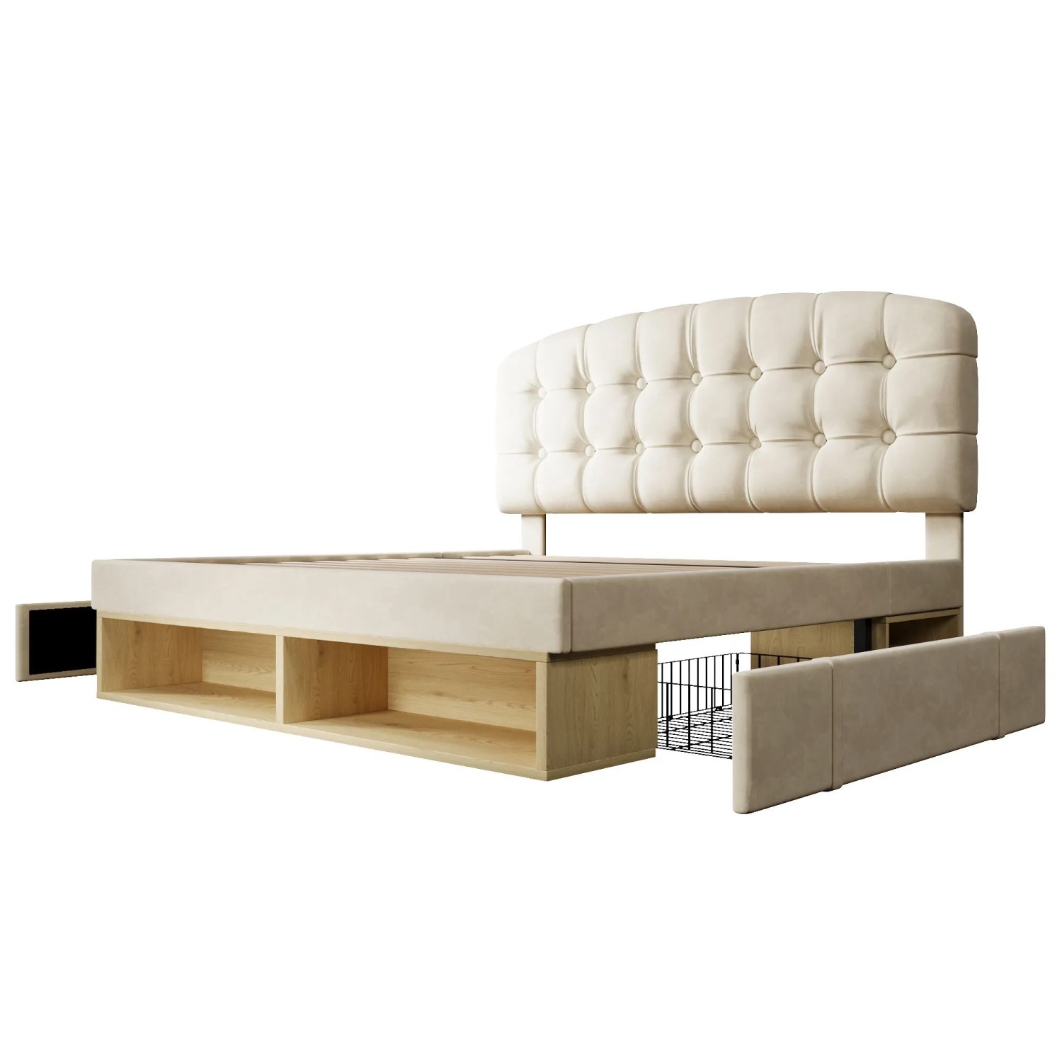 okwish Polsterbett 140x200cm mit Samtbezug Schubladen Jugendbett Beige ohne Matratze