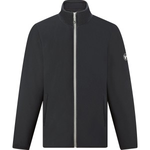 Schwarze Fleece-Jacke für Bau-Arbeitsbekleidung. Mit Reißverschluss, Stehkragen, Taschen und Reflektoren.