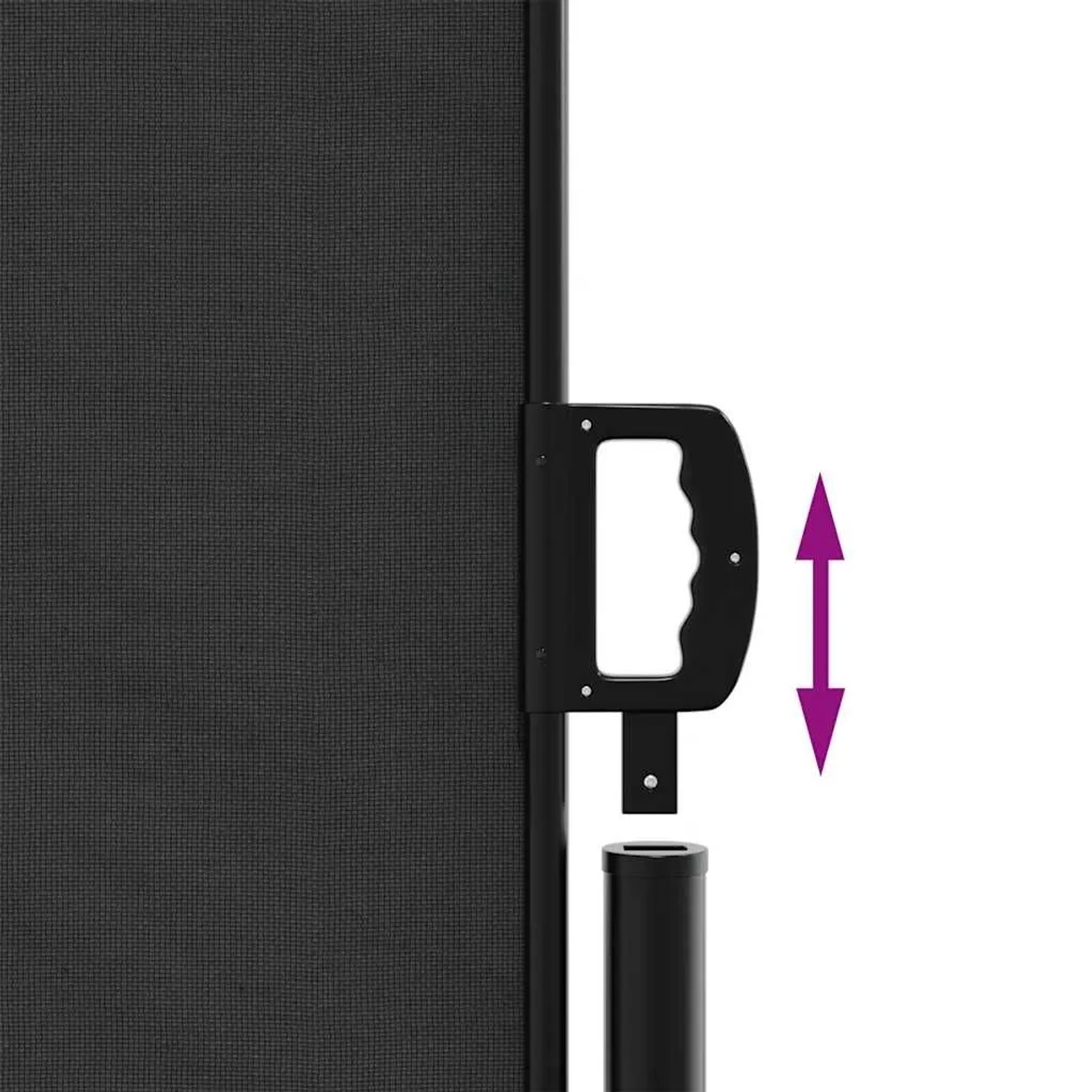 Detailaufnahme: Schwarze vidaXL Seitenmarkise, ausziehbar, mit Griff und Befestigung.