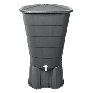 Eckige, graue Regentonne Garantia Ibiza 300 l mit Deckel und Hahn. Ideal zur Regenwassernutzung im Garten.