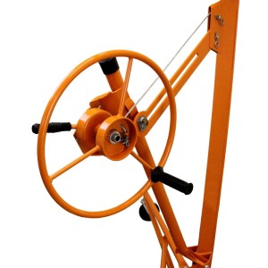 Detailaufnahme des orangefarbenen Monstershop Plattenhebers (3,5m) für Trockenbauarbeiten.