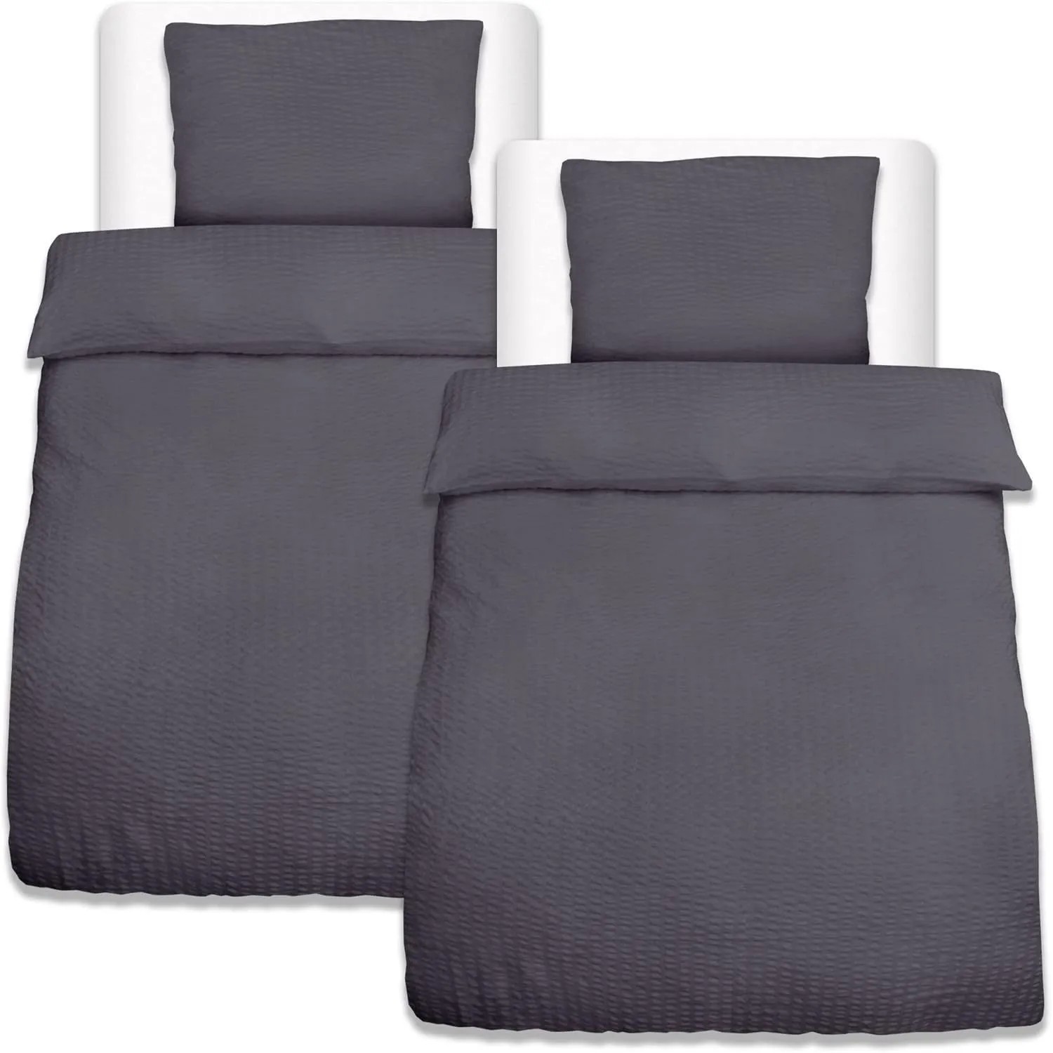 Beautissu 4tlg Seersucker Bettwäsche 155x220cm & Kopfkissen 80x80 cm Anthrazit