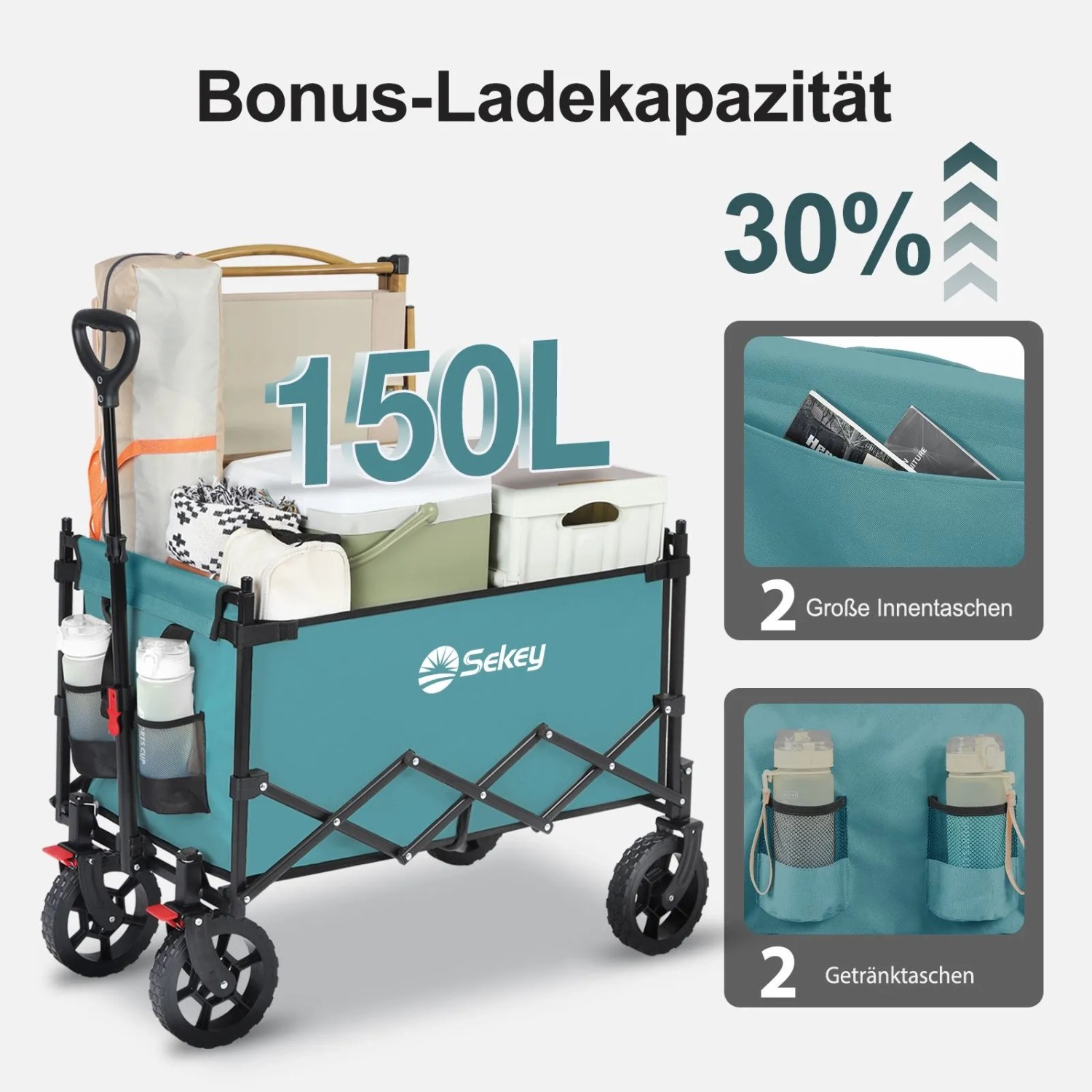 Sekey XXL Bollerwagen, faltbar, grün, 150L, für Camping & Freizeit.