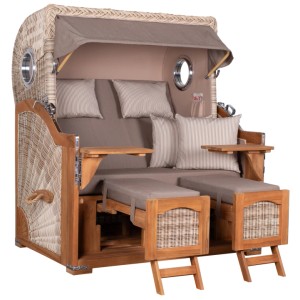 GarWoh Strandkorb Rantum Grande aus Teakholz mit PE-Geflecht und Bullaugen.