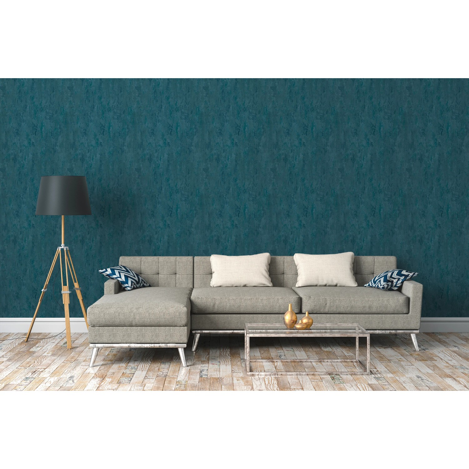 Wohnzimmer mit blauer Vliestapete Trendwall 2 Uni Glänzend von A.S. Création.