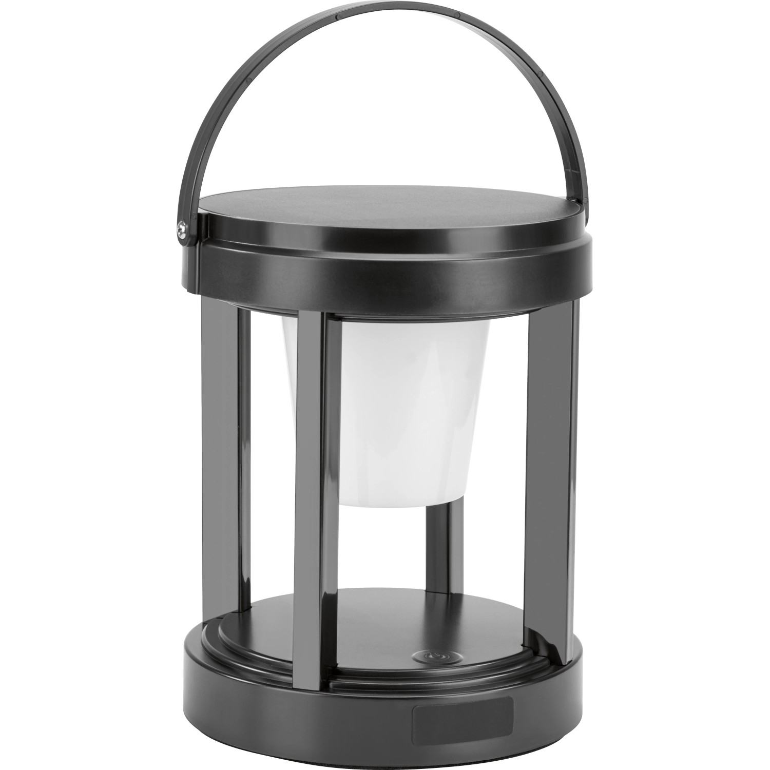 Schwarze Solar-LED-Laterne, rund, Ø 13 cm, 18 cm hoch, mit Tragebügel. Ideal für Garten und Balkon.