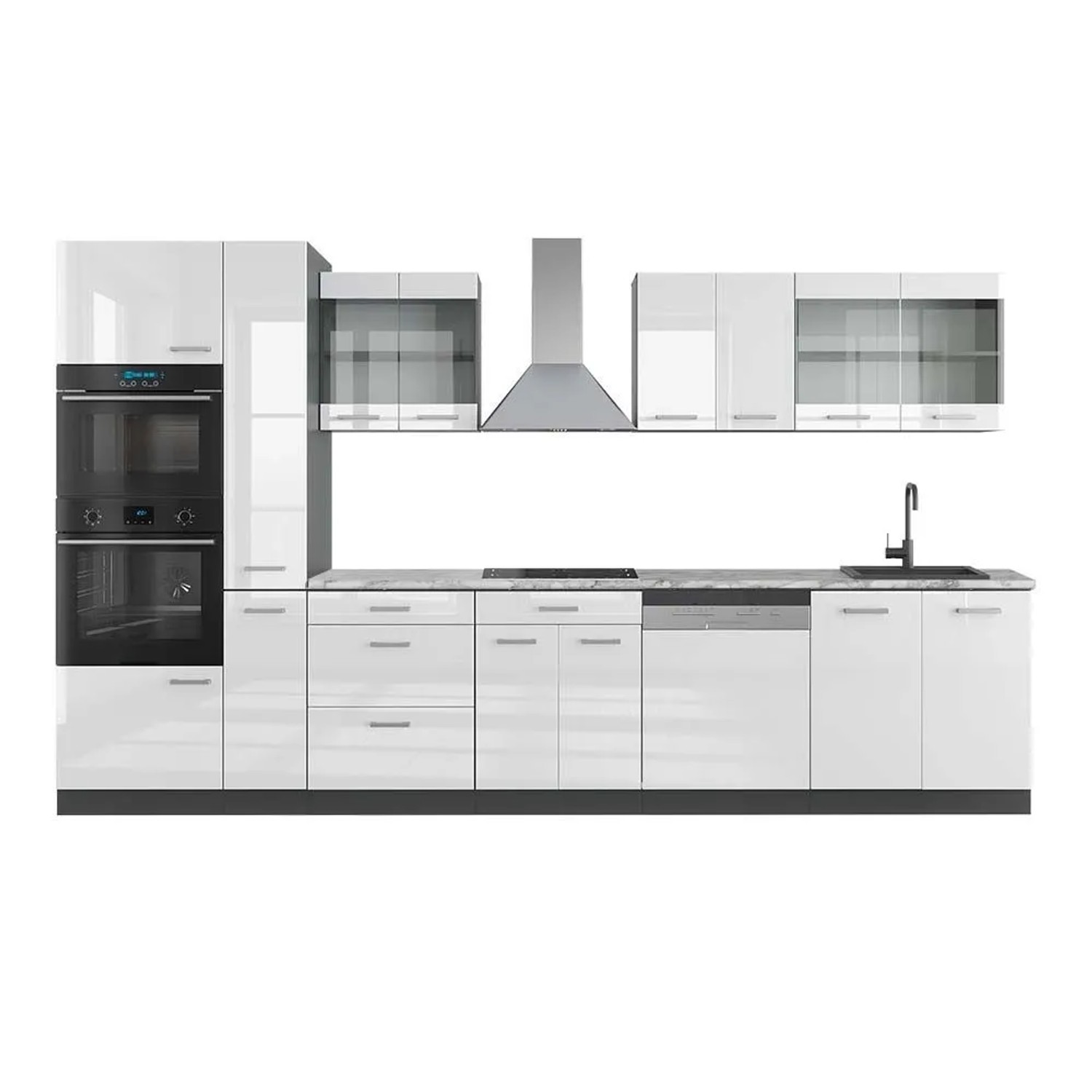 Vicco R-Line Küchenzeile Weiß Hochglanz Anthrazit 350 cm mit HochschrankAP Marmor ohne E-Geräte