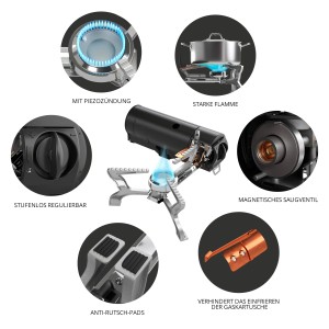 Evocamp Gaskocher BRS-99 Details: Piezozündung, Flamme, Saugventil, Regler, Anti-Rutsch Pads, Schutz vor Vereisung.