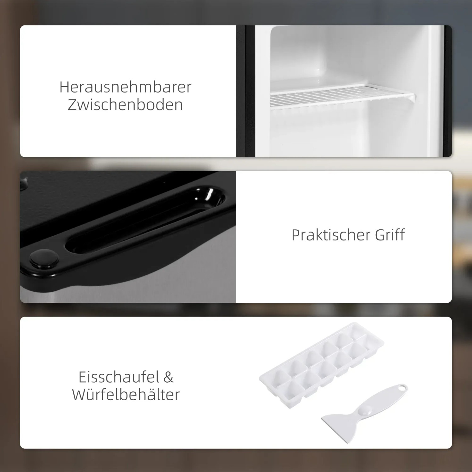 Details des HOMCOM Mini Gefrierschranks: Innenraum, Griff, Eiswürfelbehälter und Schaufel.