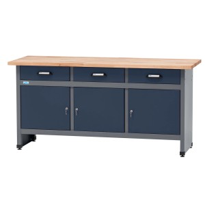 Küpper Werkbank mit 3 Schubladen, 3 Türen und Buchenholzplatte.