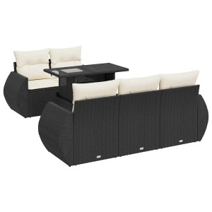 Schwarze 6-tlg. vidaXL Garten-Sofagarnitur aus Rattan mit Tisch und cremefarbenen Kissen.