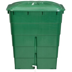 Grüne, eckige Garantia Regentonne mit 300 l Volumen, Deckel und Hahn.