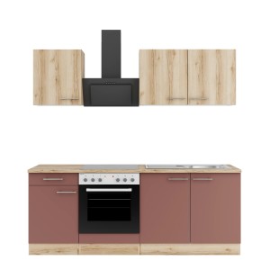 OPTIFIT Küchenzeile in Wildeiche/Rostrot mit E-Herd und Dunstabzugshaube.