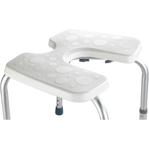 Wenko Duschhocker Secura, weiß, mit Hygieneausschnitt und höhenverstellbaren Aluminiumbeinen.