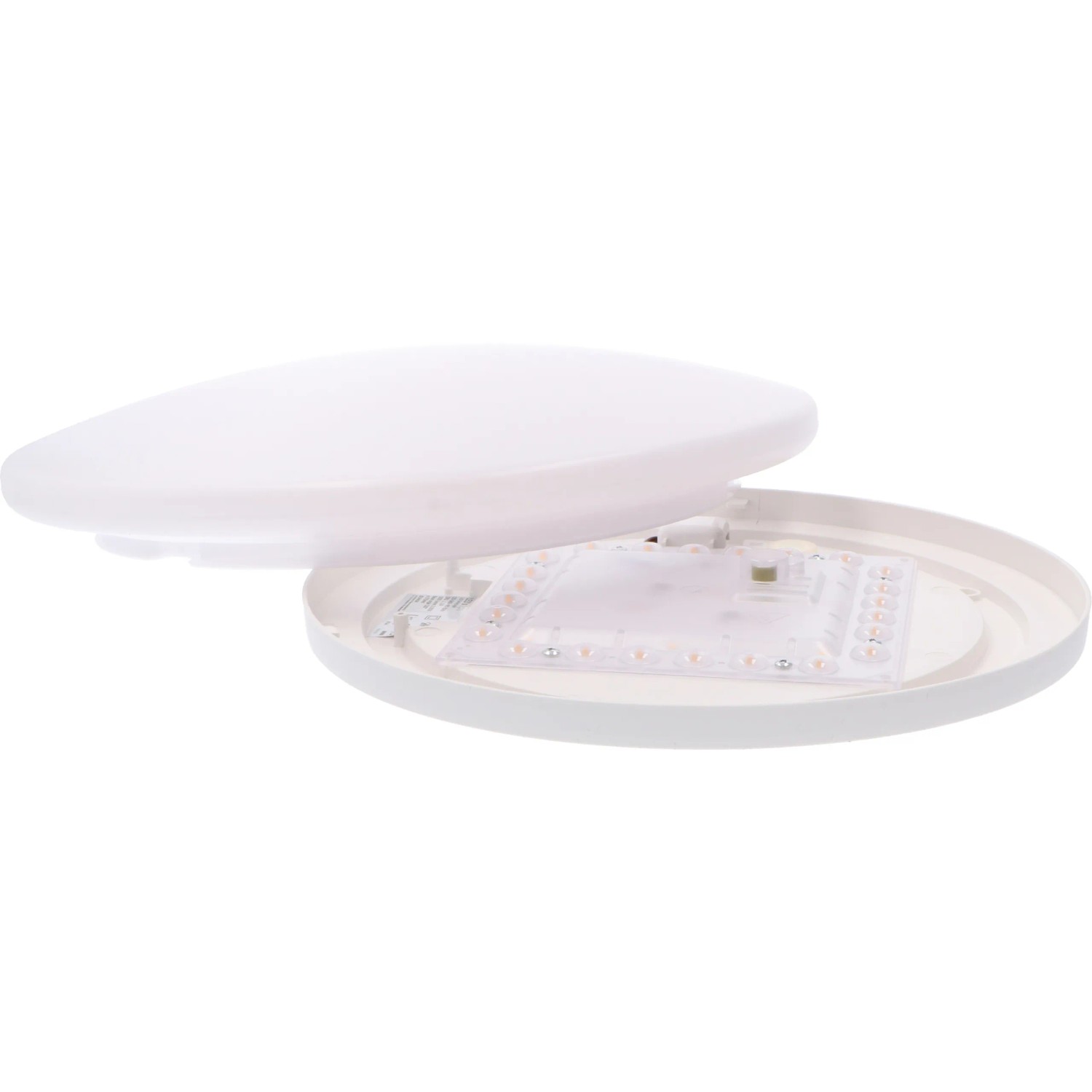 Weiße LED-Deckenleuchte, 18 W, 37 cm Durchmesser, teilweise geöffnet.