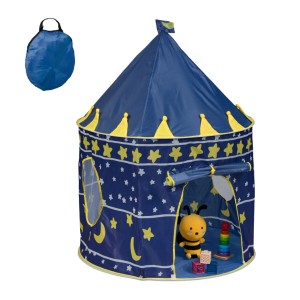 Relaxdays Spielzelt Mond und Sterne Polyester Stahl Fiberglas Blau Gelb Weiß Klettverschluss mit Tasche 135 cm x 100 cm 730 g