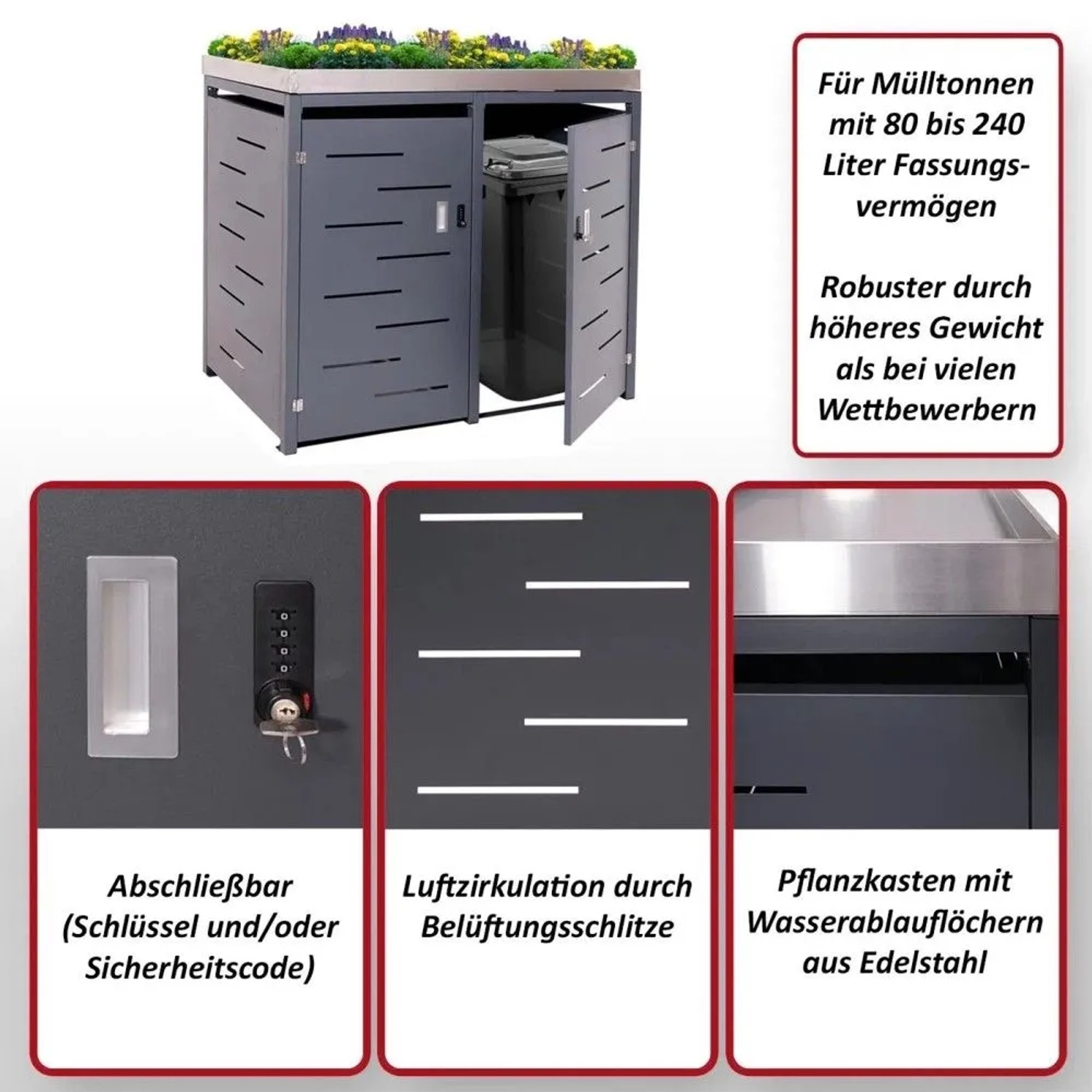 Anthrazitfarbene 2er-Mülltonnenverkleidung mit Pflanzkasten. Abschließbare Türen mit Belüftungsschlitzen für Garten-Ordnungssystem.