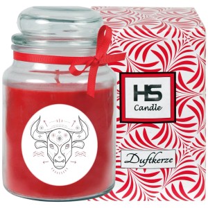 HS Candle Duftkerze Stier im Glas mit rotem Wachs und Sternzeichen-Motiv.