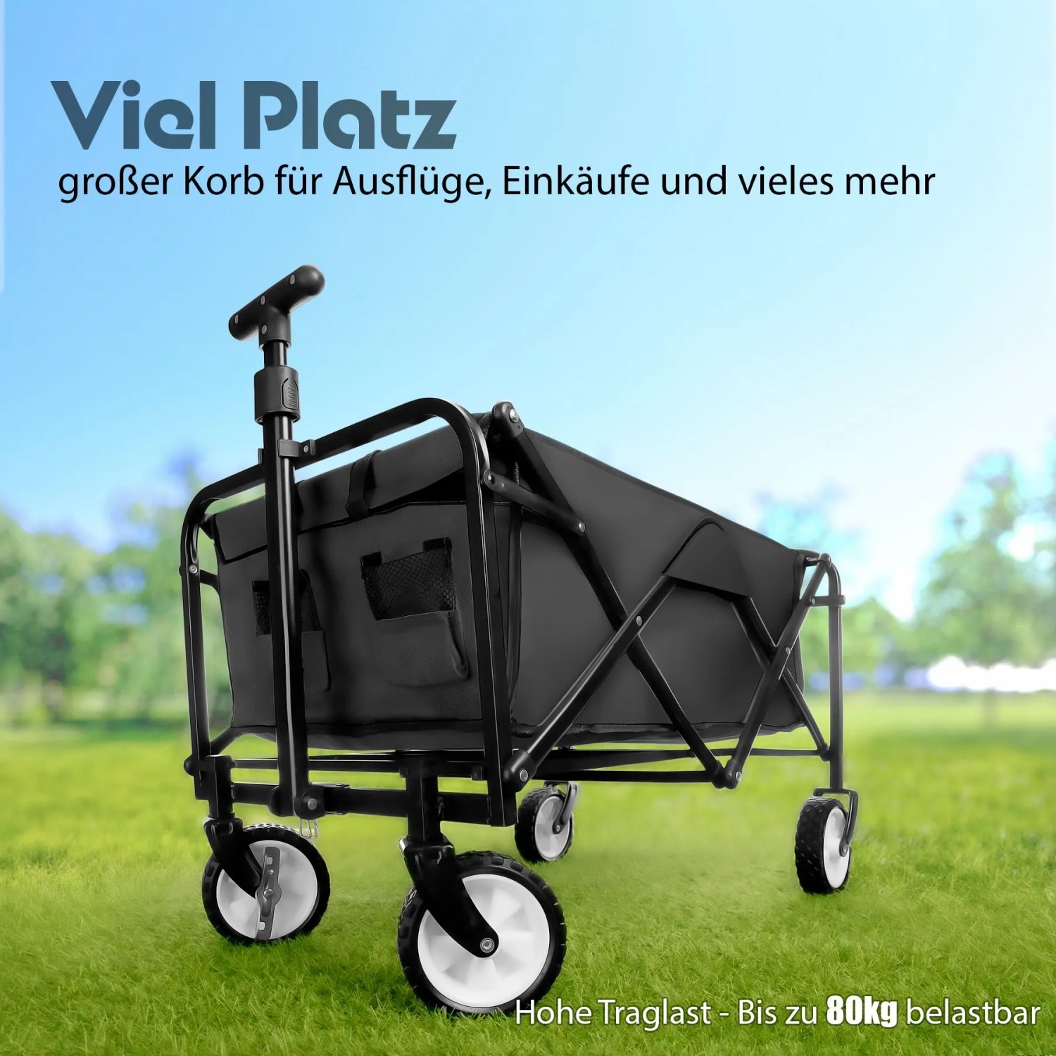 Schwarzer, faltbarer Bollerwagen von BigDean für Camping, Ausflüge und Einkäufe.
