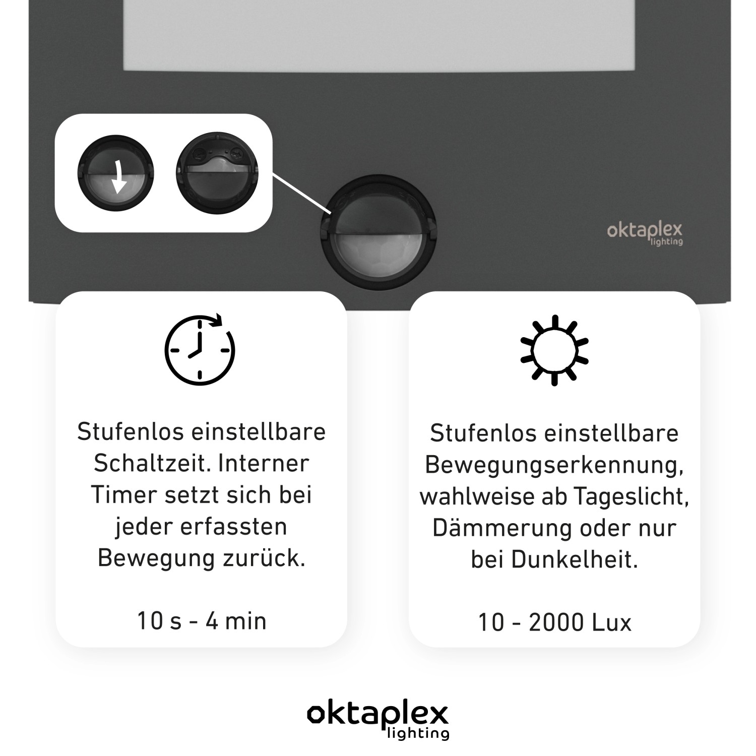 Detailansicht Oktaplex Alto Außenlampe: Einstellungen für Bewegungsmelder (Lux, Zeit)