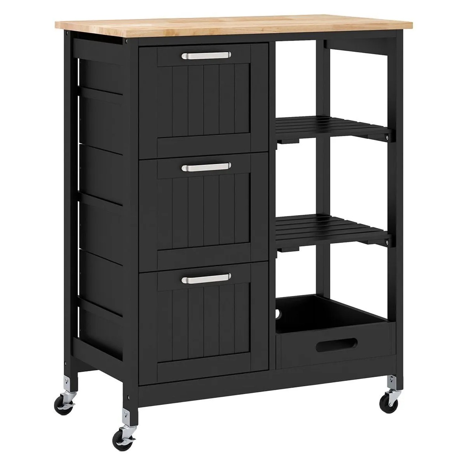 Costway Servierwagen mit Tablett Kücheninsel Aus Kautschukholz Schwarz günstig online kaufen