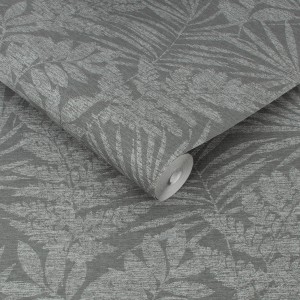 Superfresco Easy Vliestapete Fenne Grey mit grauem Blätter- und Dschungelmuster.