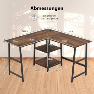 L-förmiger Costway Schreibtisch, 120x120 cm, rustikal braun, mit Ablagen und Metallgestell.