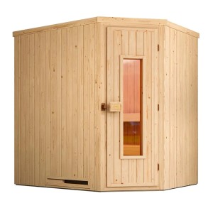 Weka Element-Ecksauna Varberg aus Fichtenholz mit Holztür und Glaseinsatz.