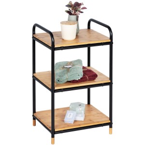 Wenko Regal Loft Bambus mit 3 Etagen, braune Ablagen, schwarzes Metallgestell.