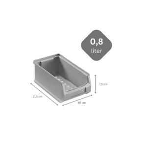 Graue PROREGAL Sichtlagerbox 2.0, 0,8 Liter, mit Maßangaben. Ideal für Aufbewahrungssysteme.