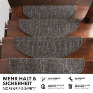 Halbrunde, selbstklebende Karat Stufenmatten Alto in Anthrazit auf einer Holztreppe.