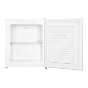 Offener, weißer homeX Gefrierschrank (33L) mit Temperaturregelung. Ideal für kleine Räume.