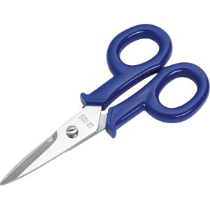 LUX Elektrikerschere, gerade, 146 mm, mit blauen Griffen und rostfreien Stahlklingen.