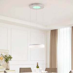 Moderne, dimmbare LED Smart Home Pendelleuchte Squillo in Weiß mit runder Form und Leselampe.