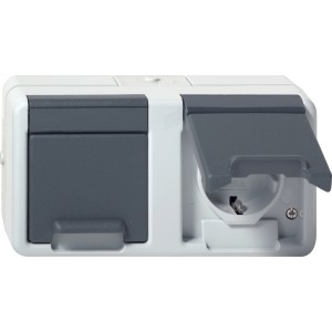 Gira AP-FR 2-fach Steckdose waagerecht IP44 für Feuchträume, grau/weiß.